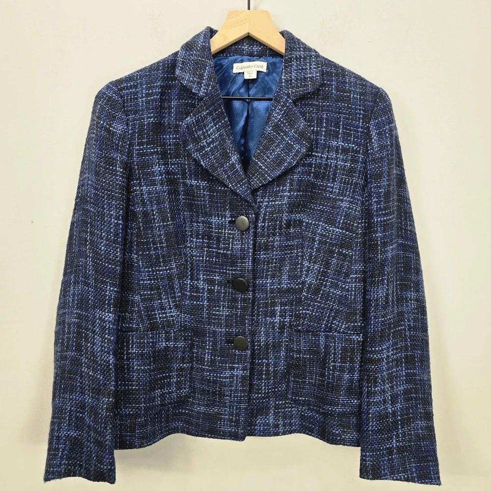 Vintage Coldwater Creek Tweed Jacket Blazer 10 Blue Linen Blend Office Career